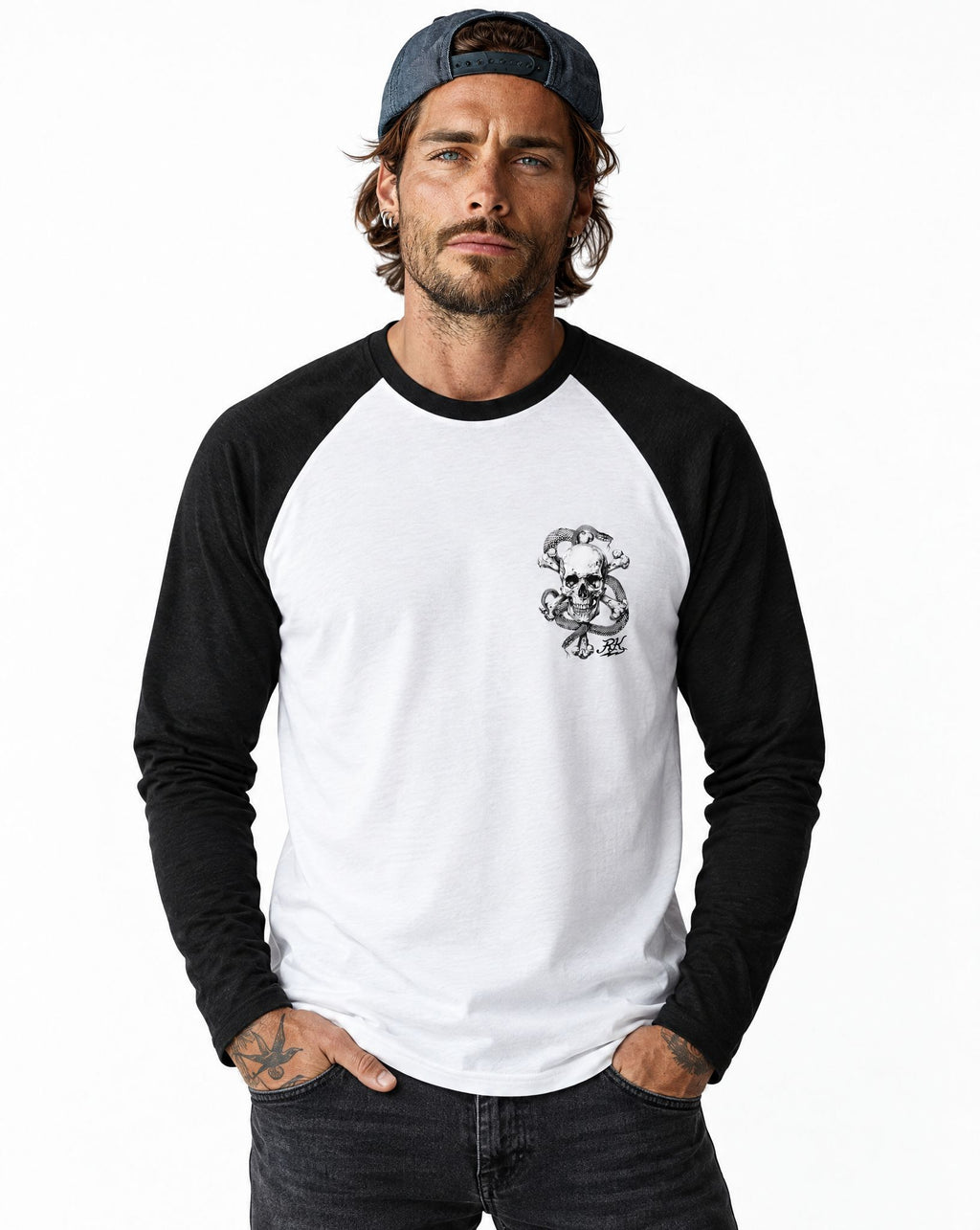 RUM KNUCKLES CROSS BONES Baseball Tee - White/Black - model front