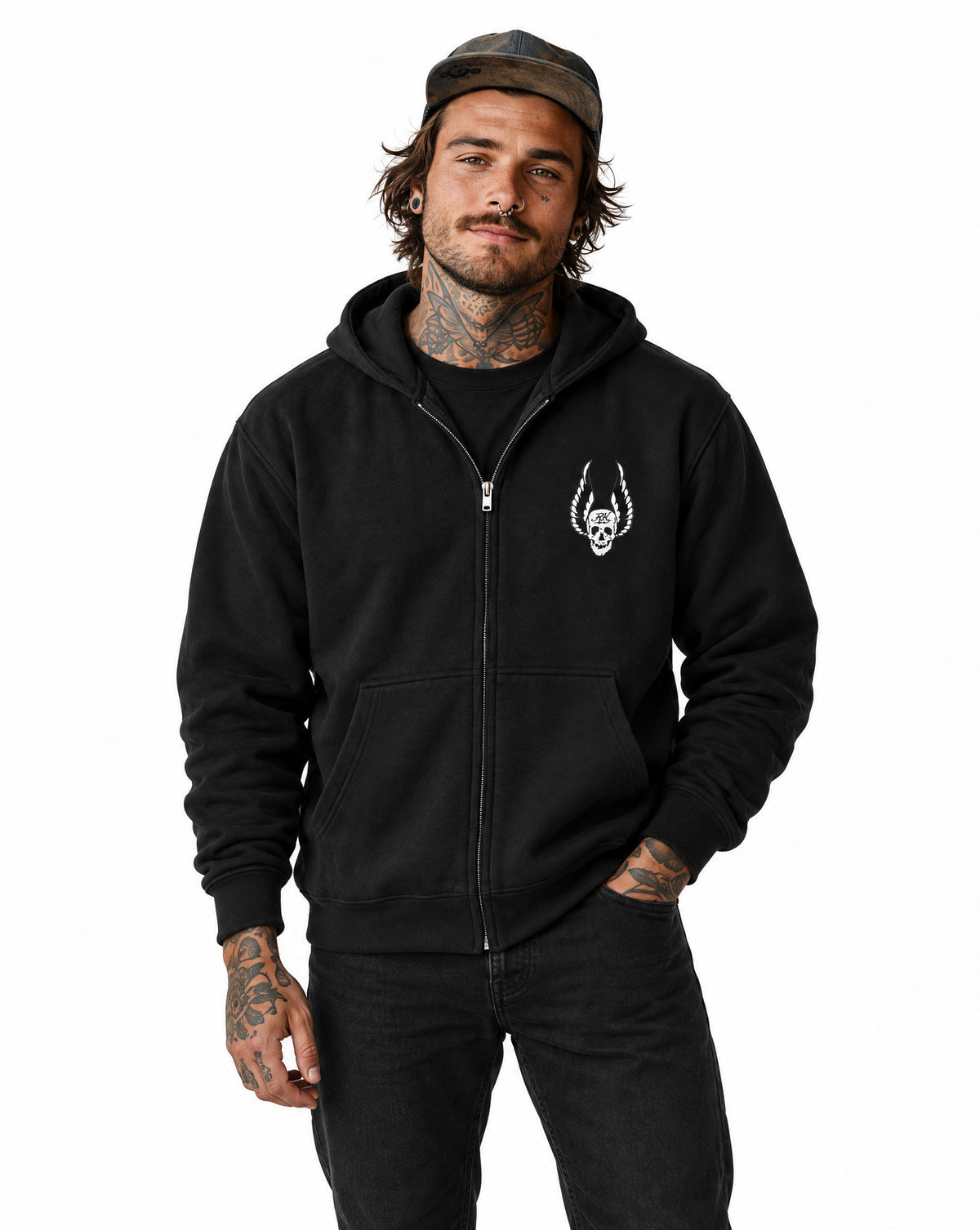 RUM KNUCKLES WINGS Zip Hoodie - Black - model front
