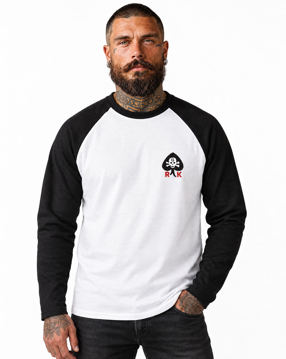 RUM KNUCKLES RK SPADE 13 Baseball Tee - White/Black - model front