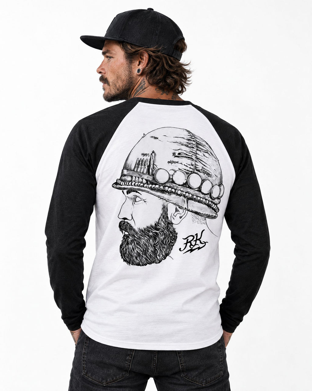 RUM KNUCKLES SOLDIER Baseball Tee - White/Black - model back