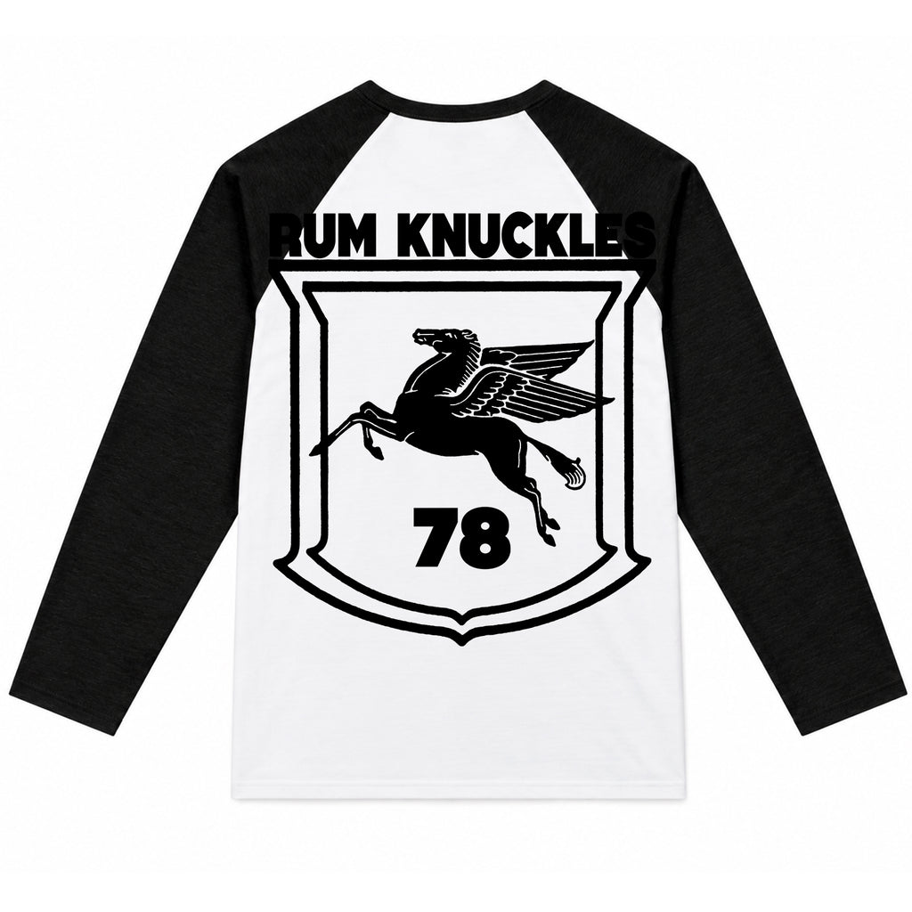 RUM KNUCKLES FLYING HORSE Baseball Tee - White/Black - back