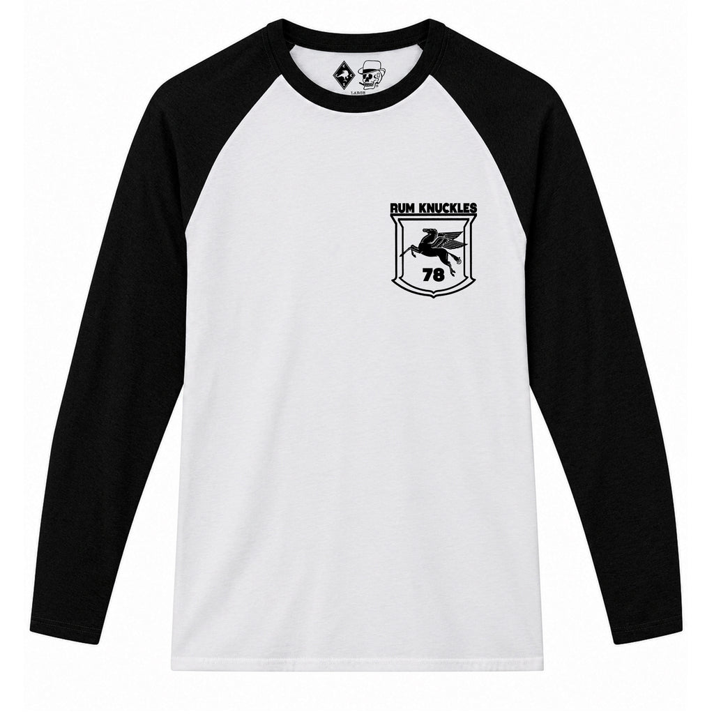 RUM KNUCKLES FLYING HORSE Baseball Tee - White/Black - front
