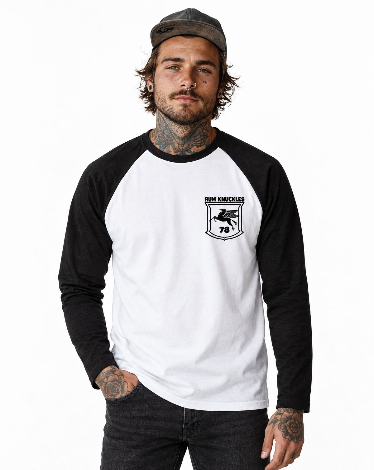 RUM KNUCKLES FLYING HORSE Baseball Tee - White/Black - model front