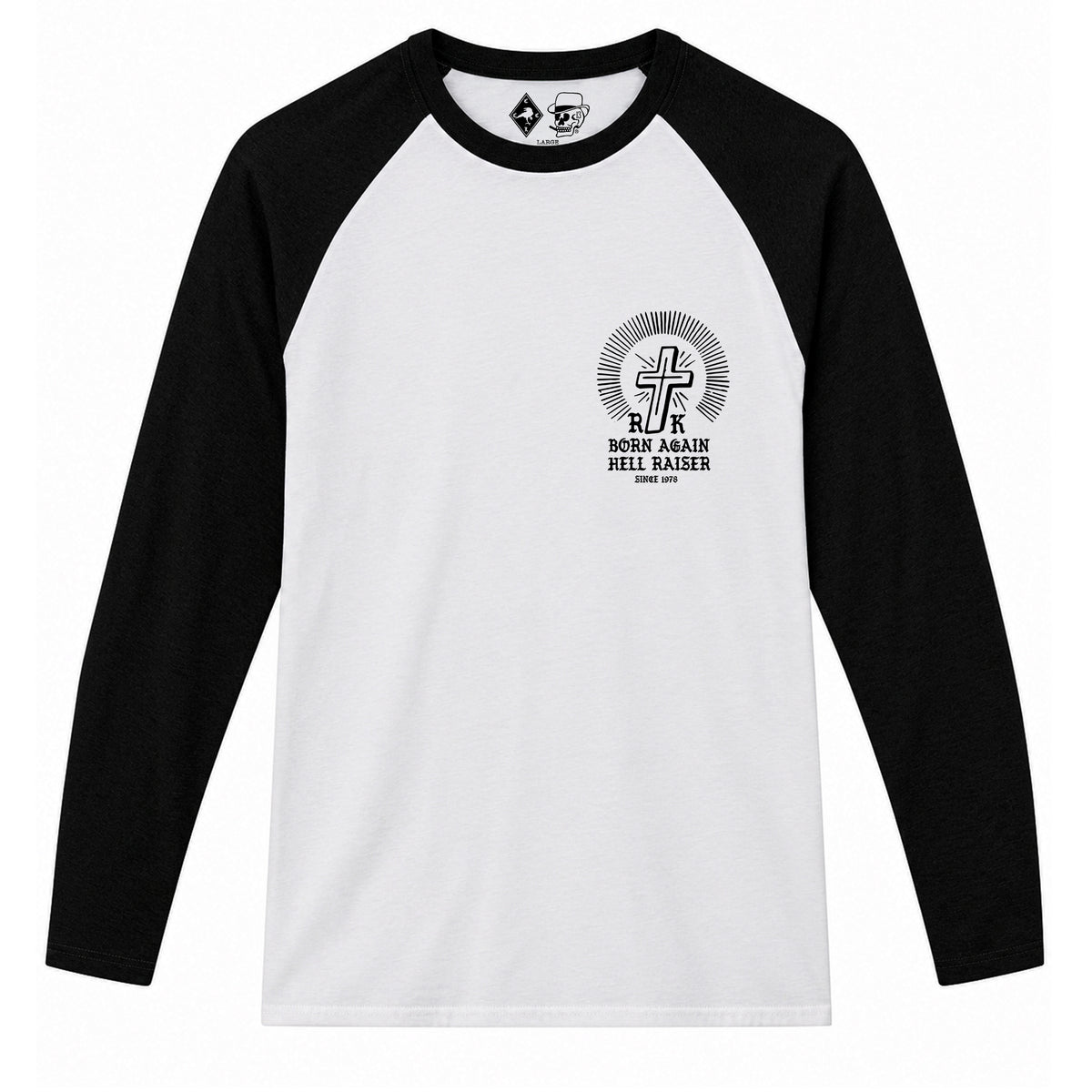 RUM KNUCKLES BORN AGAIN Baseball Tee - White/Black - front