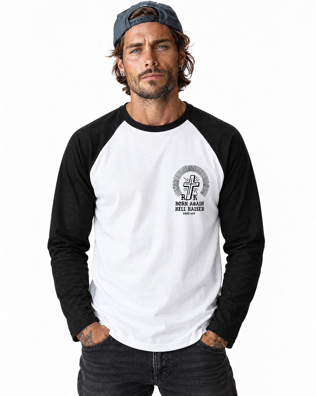 RUM KNUCKLES BORN AGAIN Baseball Tee - White/Black - model front