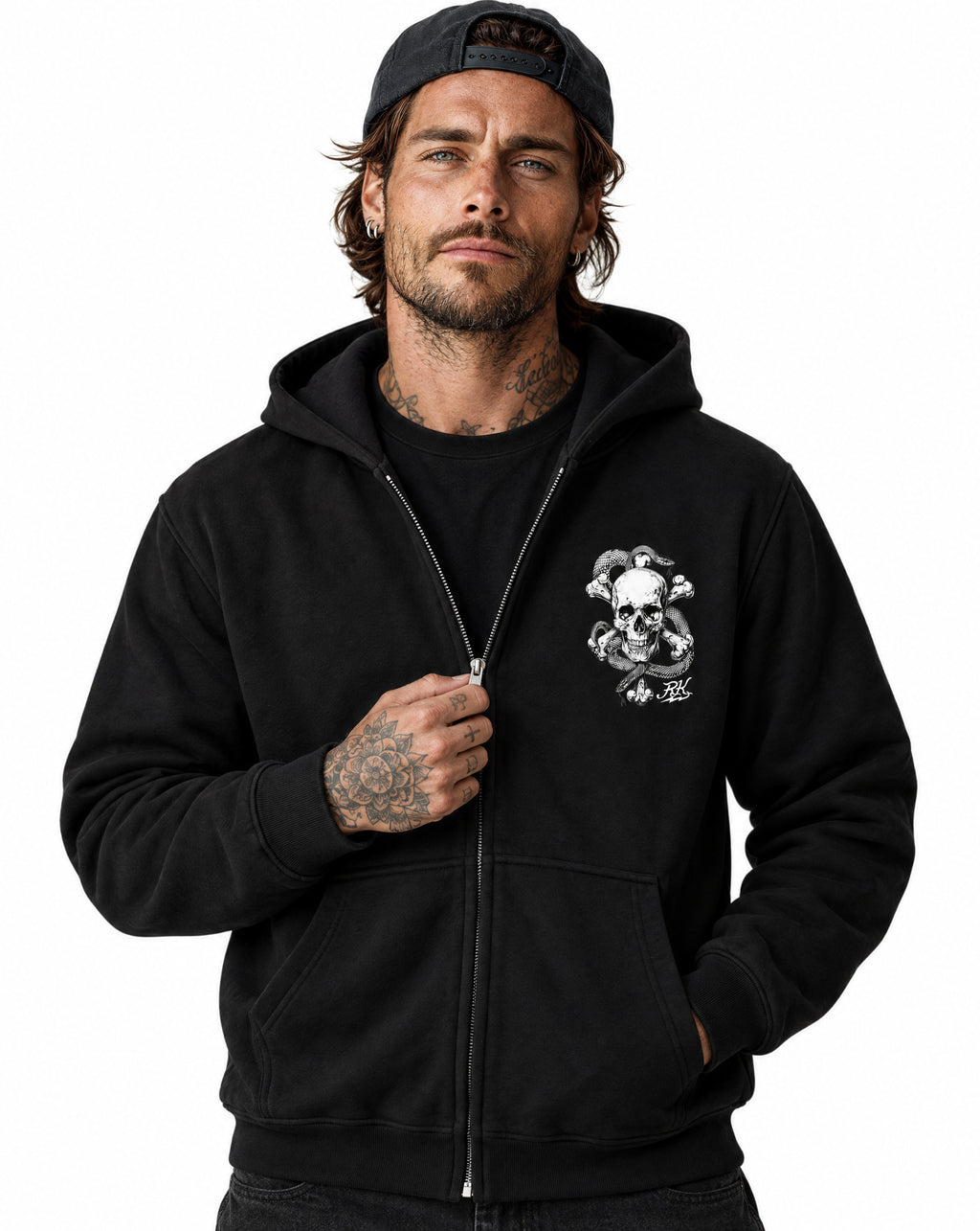 RUM KNUCKLES CROSS BONES Zip Hoodie - Black - model front