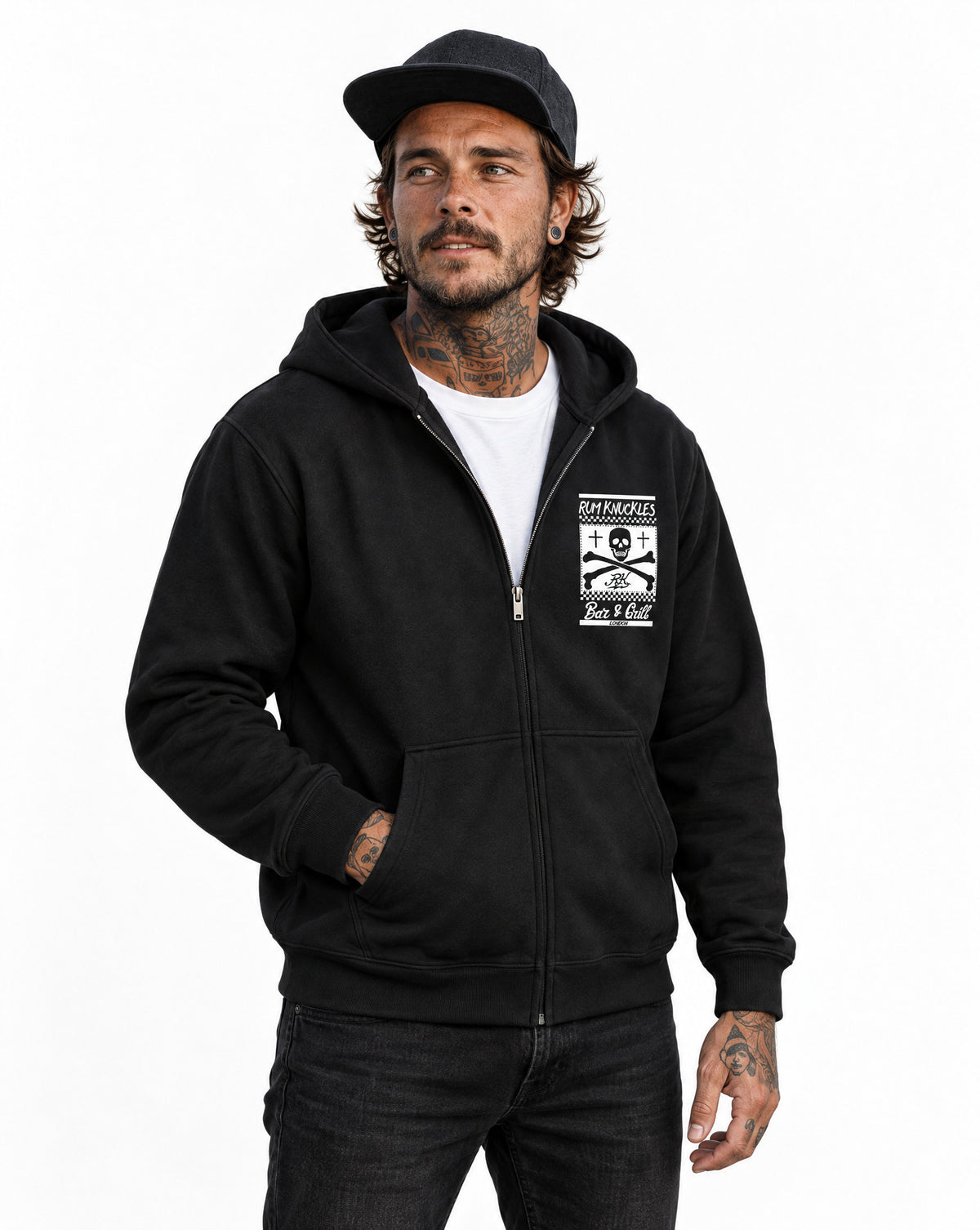 RUM KNUCKLES BAR & GRILL Zip Hoodie - Black - model front