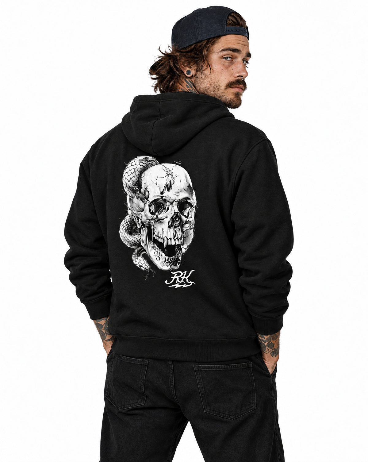 RUM KNUCKLES SKULL SNAKE Zip Hoodie - Black - model back