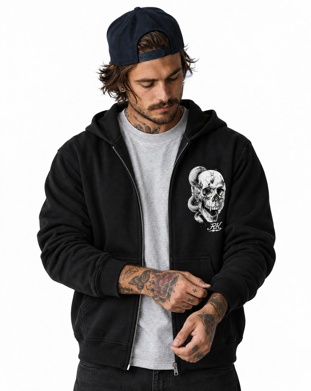 RUM KNUCKLES SKULL SNAKE Zip Hoodie - Black - model front