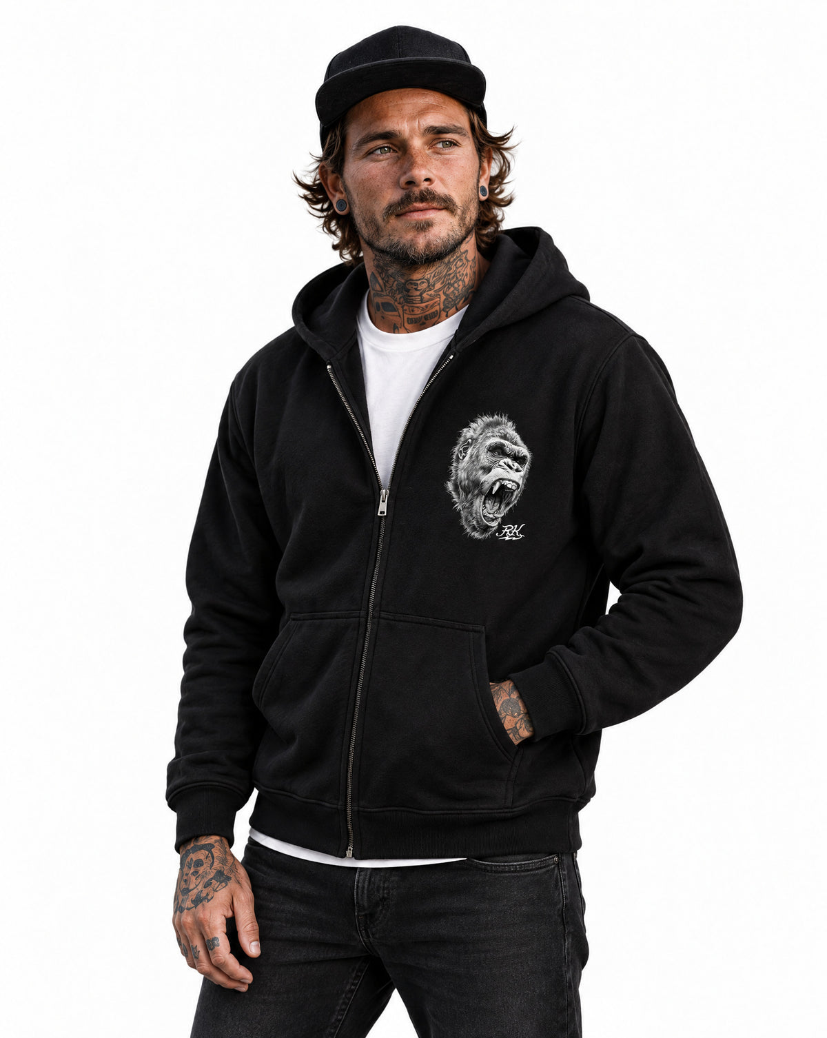 RUM KNUCKLES GORILLA TACTICS Zip Hoodie - Black - model front