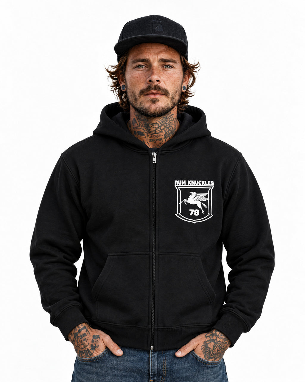 RUM KNUCKLES FLYING HORSE Zip Hoodie - Black - model front