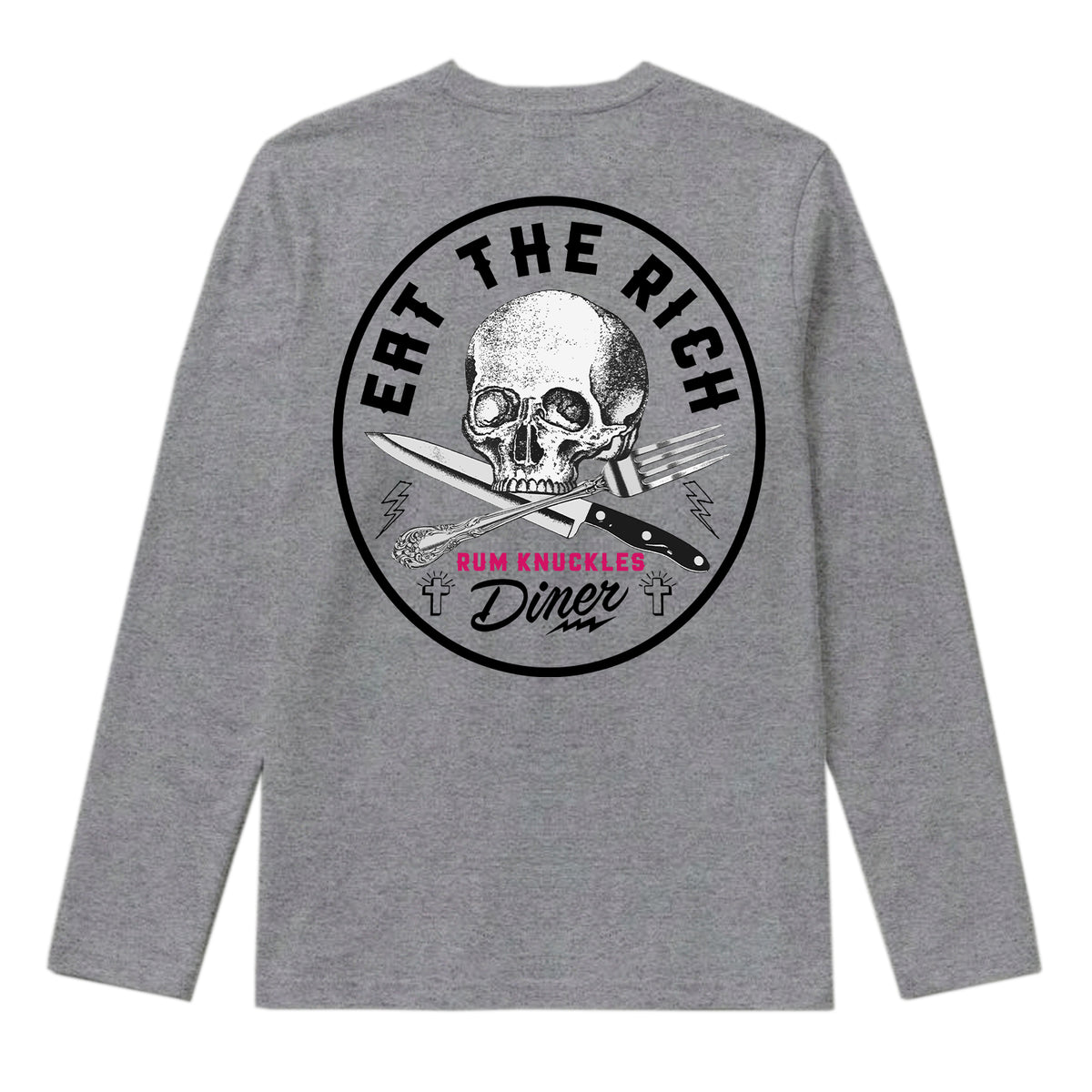 RUM KNUCKLES EAT THE RICH Long Sleeve Tee - Heather Grey - back