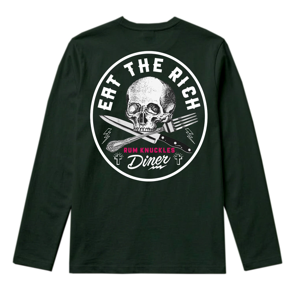 RUM KNUCKLES EAT THE RICH Long Sleeve Tee - Forest Green - back