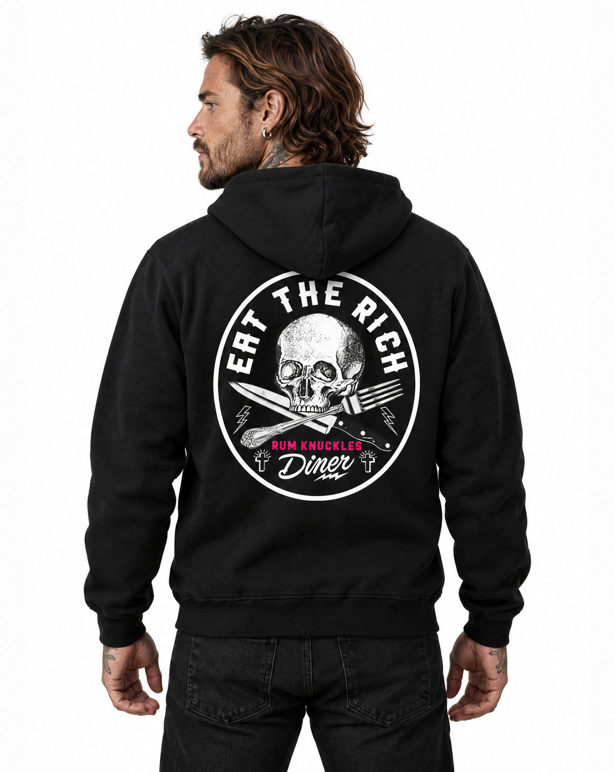 RUM KNUCKLES EAT THE RICH Zip Hoodie - Black - model back