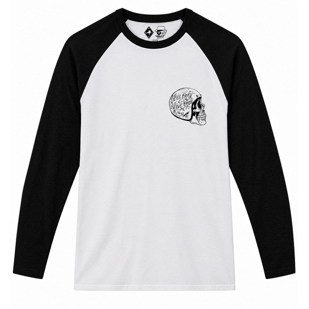 RUM KNUCKLES LIVE ONCE Baseball Tee - White/Black - front