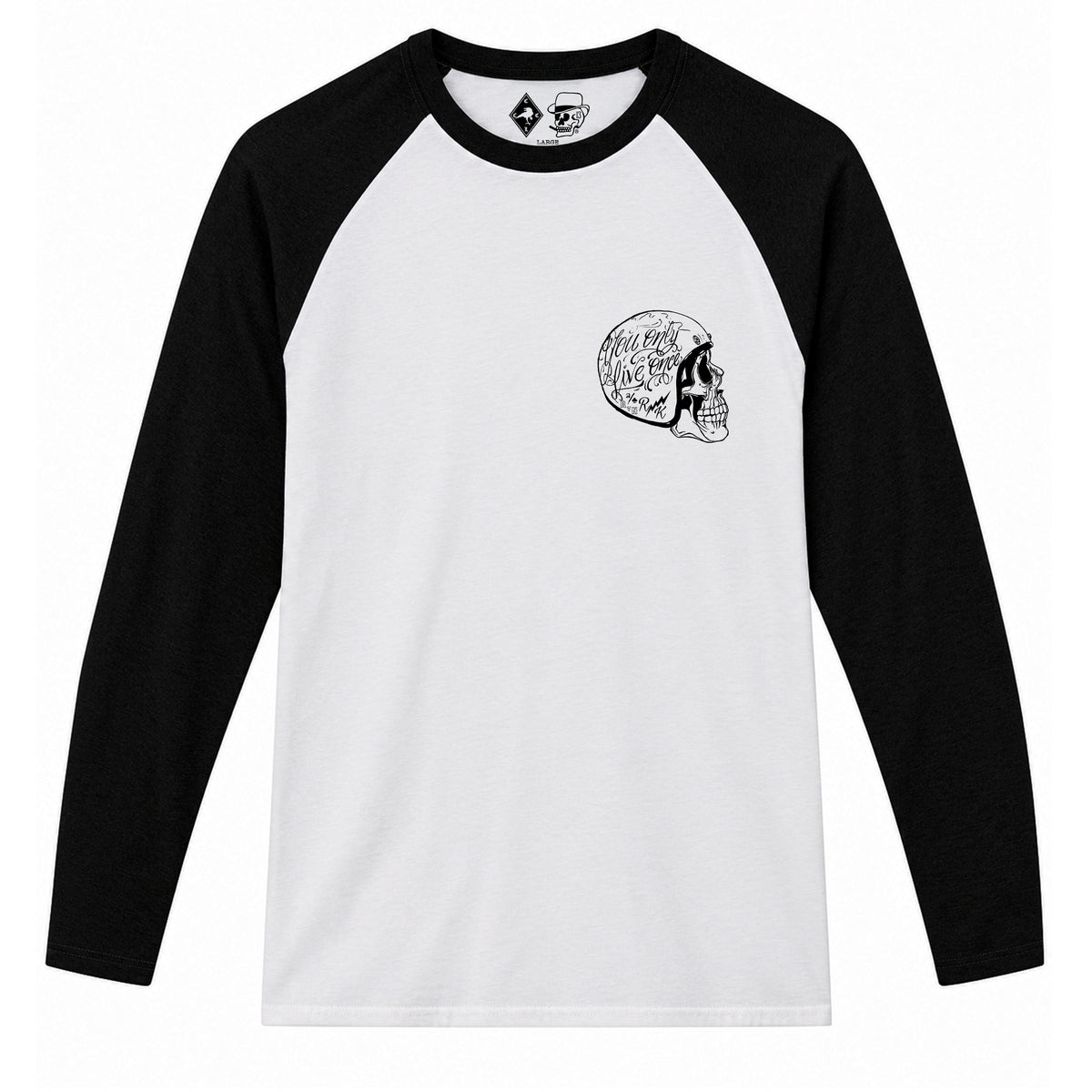 RUM KNUCKLES LIVE ONCE Baseball Tee - White/Black - front