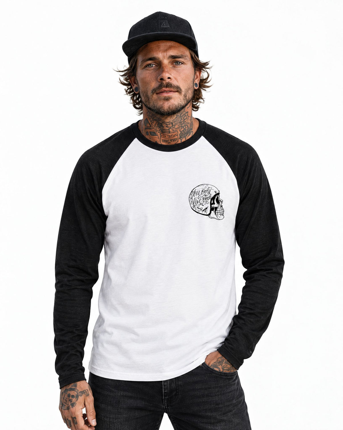 RUM KNUCKLES LIVE ONCE Baseball Tee - White/Black - model front