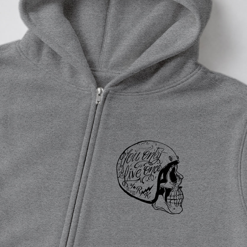 RUM KNUCKLES LIVE ONCE Zip Hoodie - Heather Grey - detail