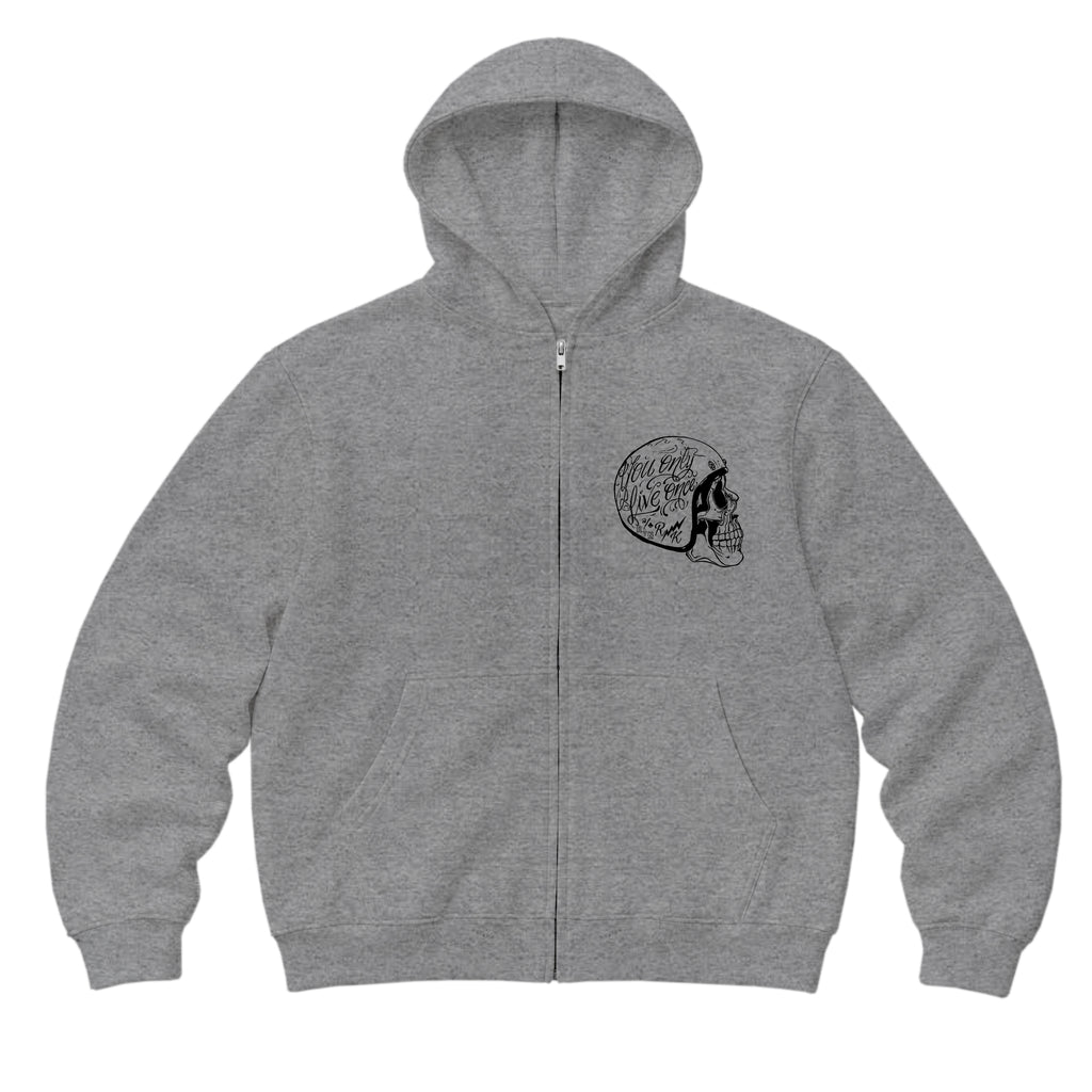 RUM KNUCKLES LIVE ONCE Zip Hoodie - Heather Grey - front