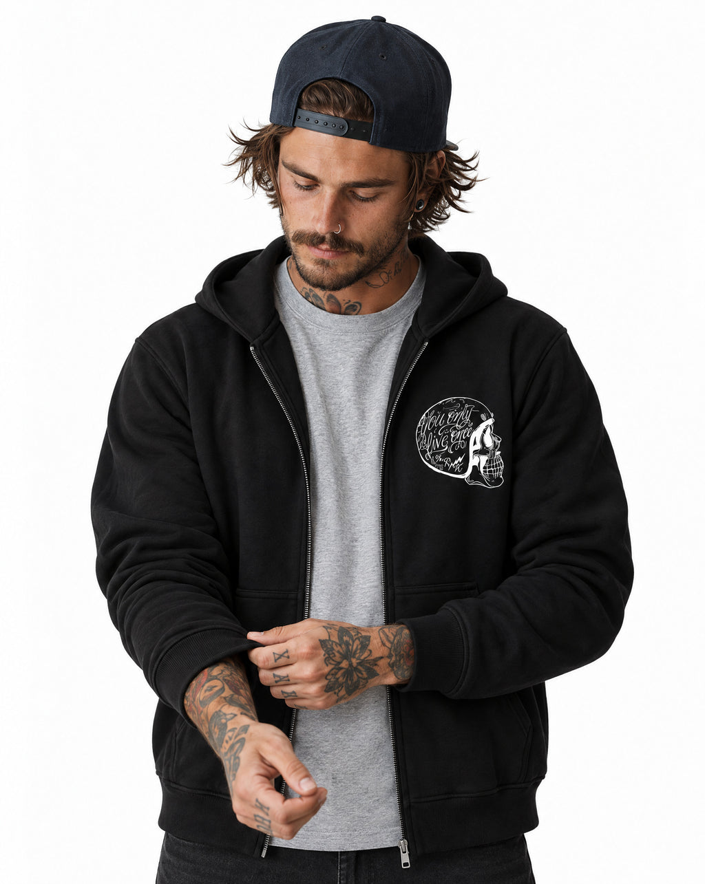 RUM KNUCKLES LIVE ONCE Zip Hoodie - Black - model front