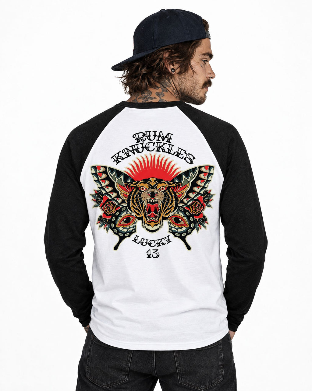 RUM KNUCKLES BUTTERFLY TIGER Baseball Tee - White/Black - model back