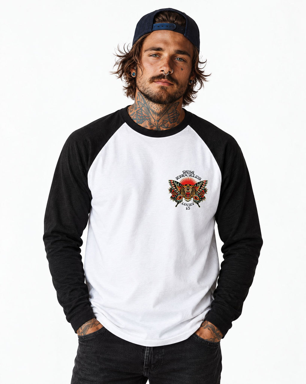 RUM KNUCKLES BUTTERFLY TIGER Baseball Tee - White/Black - model front
