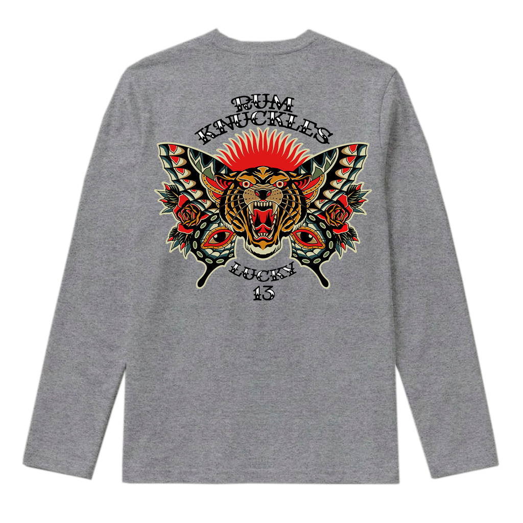 RUM KNUCKLES BUTTERFLY TIGER Long Sleeve Tee - Heather Grey - back