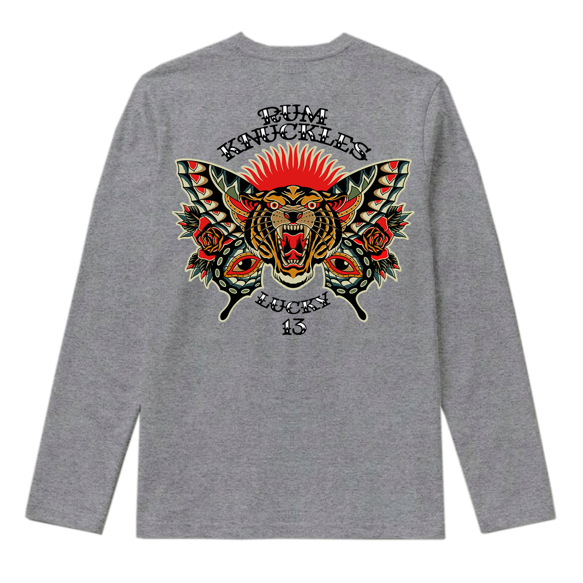 RUM KNUCKLES BUTTERFLY TIGER Long Sleeve Tee - Heather Grey - back