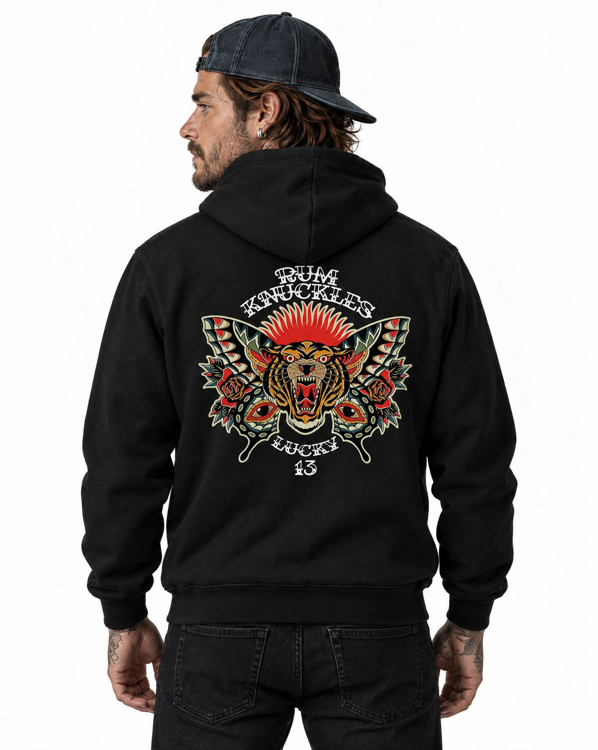 RUM KNUCKLES BUTTERFLY TIGER Zip Hoodie - Black - model back