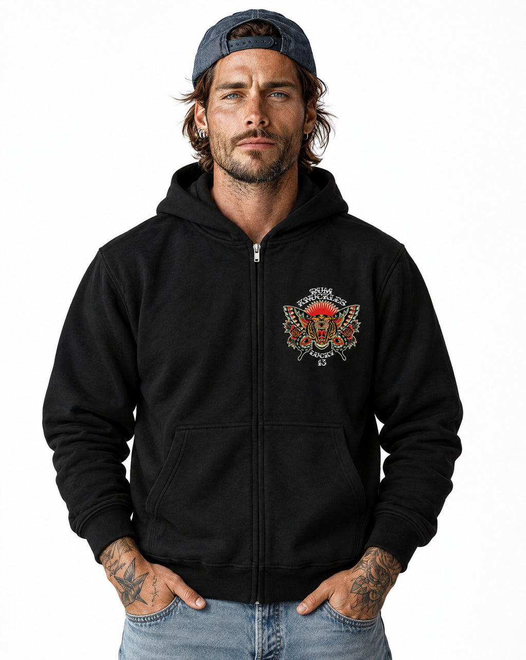 RUM KNUCKLES BUTTERFLY TIGER Zip Hoodie - Black - model front