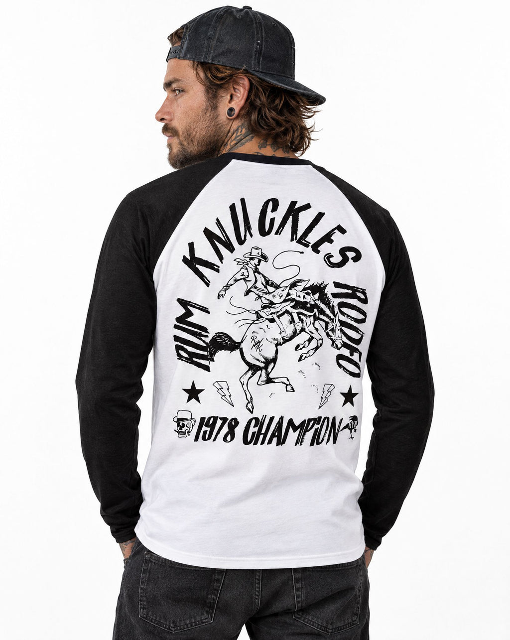 RUM KNUCKLES RK RODEO Baseball Tee - White/Black - model back