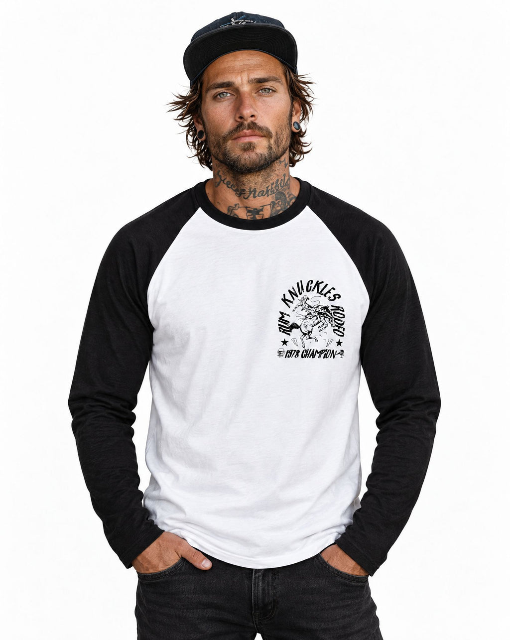 RUM KNUCKLES RK RODEO Baseball Tee - White/Black - model front