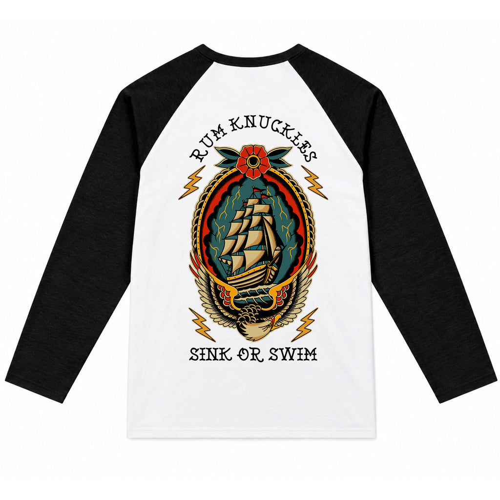 RUM KNUCKLES RK SINK OR SWIM Baseball Tee - White/Black - back