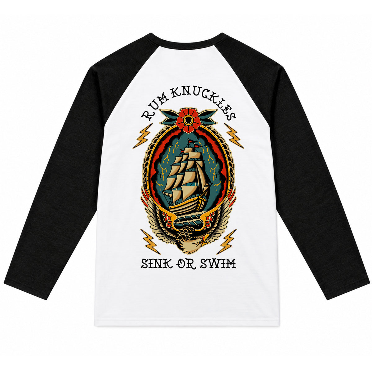 RUM KNUCKLES RK SINK OR SWIM Baseball Tee - White/Black - back