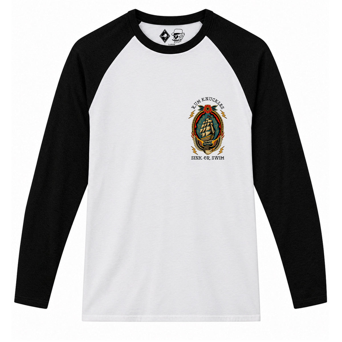RUM KNUCKLES RK SINK OR SWIM Baseball Tee - White/Black - front