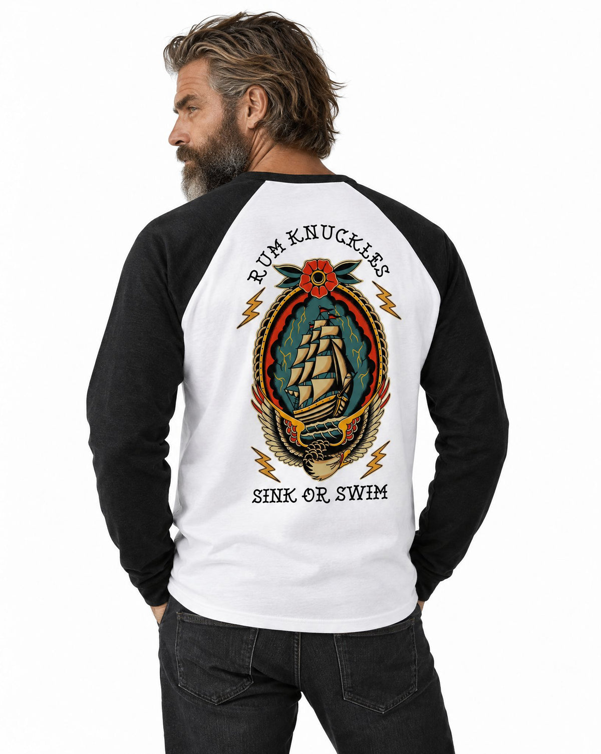 RUM KNUCKLES RK SINK OR SWIM Baseball Tee - White/Black - model back