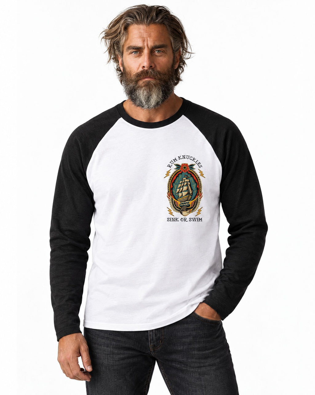 RUM KNUCKLES RK SINK OR SWIM Baseball Tee - White/Black - model front