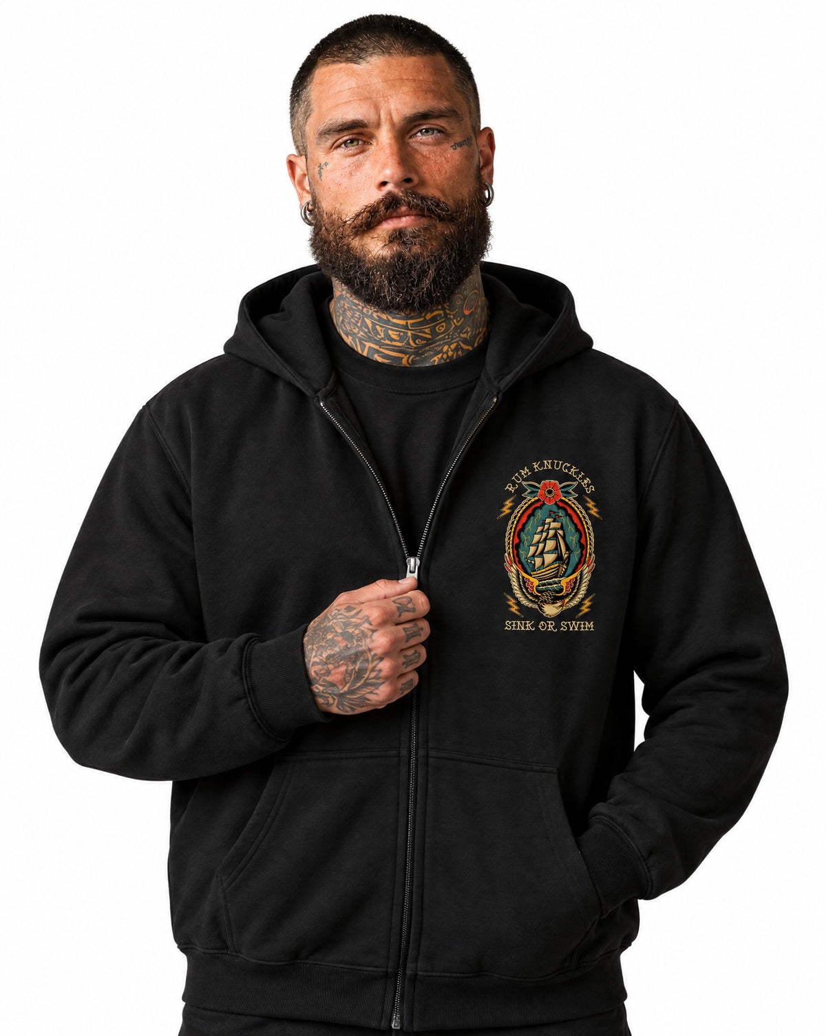 RUM KNUCKLES RK SINK OR SWIM Zip Hoodie - Black - model front