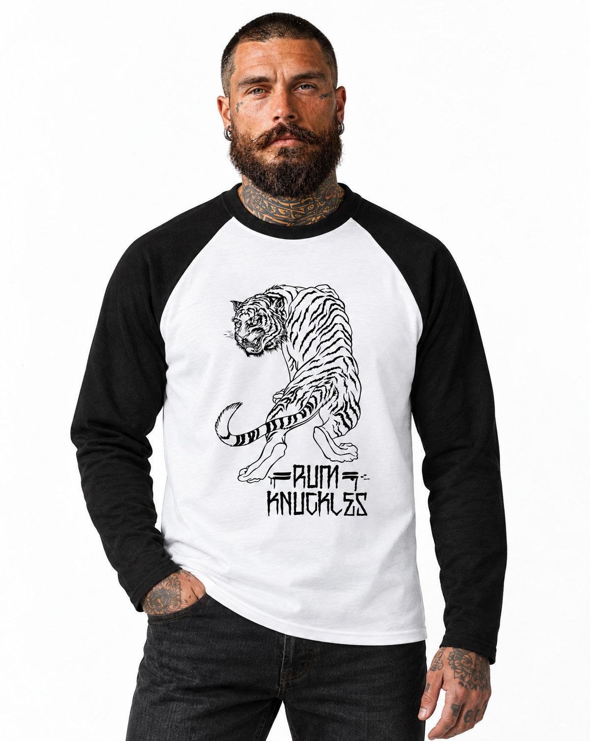 RUM KNUCKLES RK TIGER STRIPES Baseball Tee - White/Black - model front