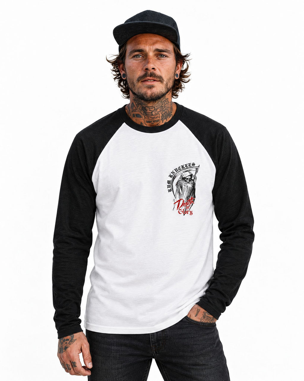 RUM KNUCKLES DEATH OR GLORY Baseball Tee - White/Black - model front