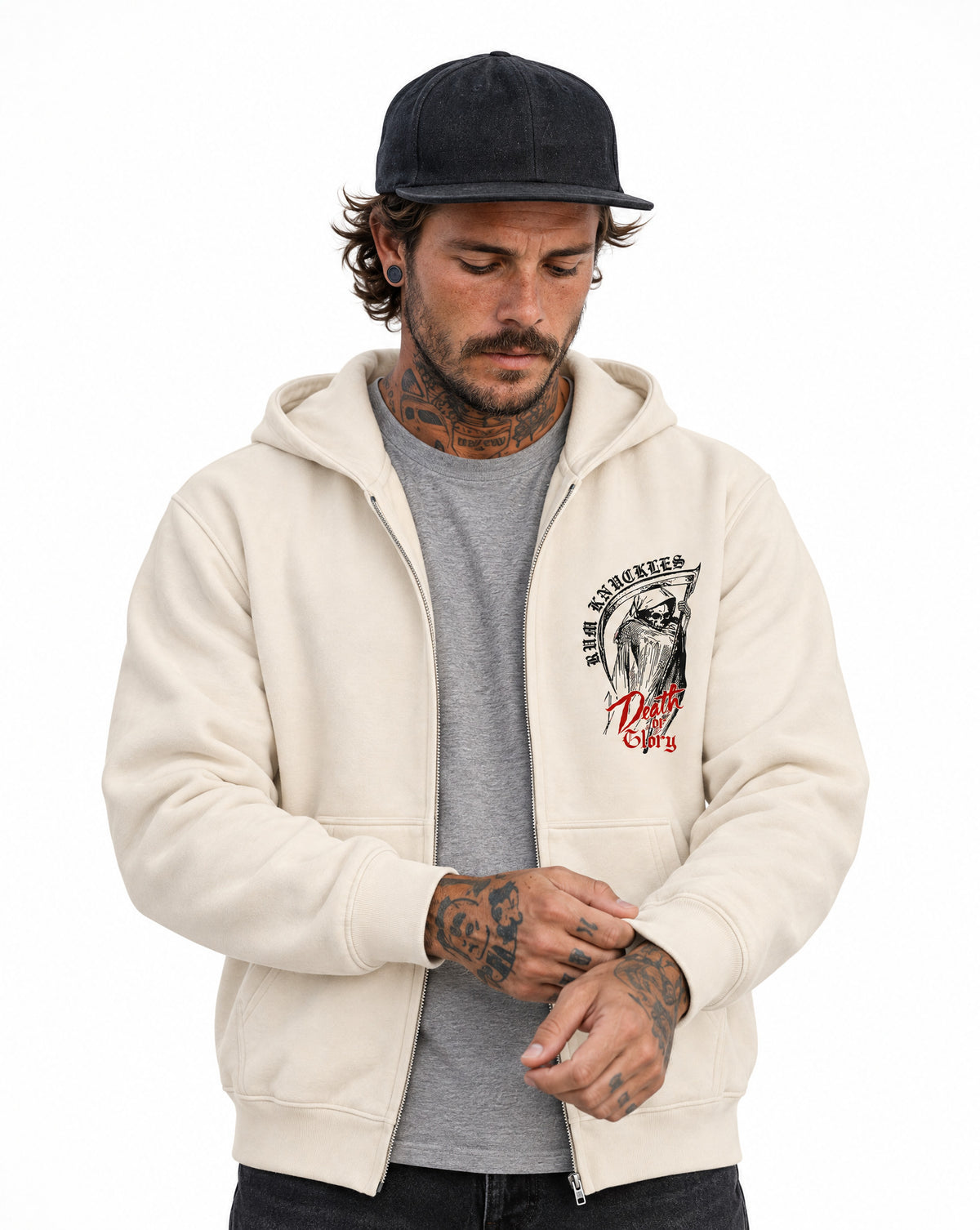 RUM KNUCKLES DEATH OR GLORY Zip Hoodie - Ecru - model front