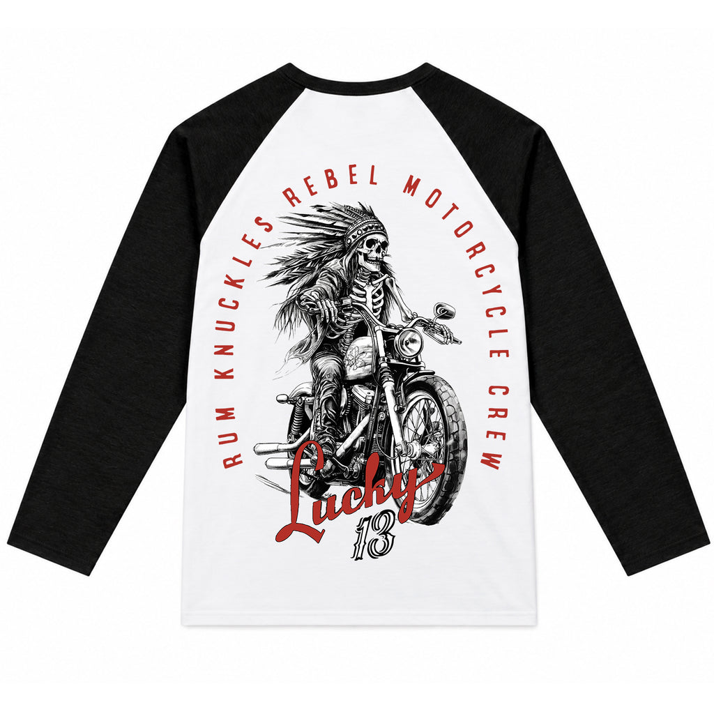 RUM KNUCKLES LUCKY 13 MOTO Baseball Tee - White/Black - back