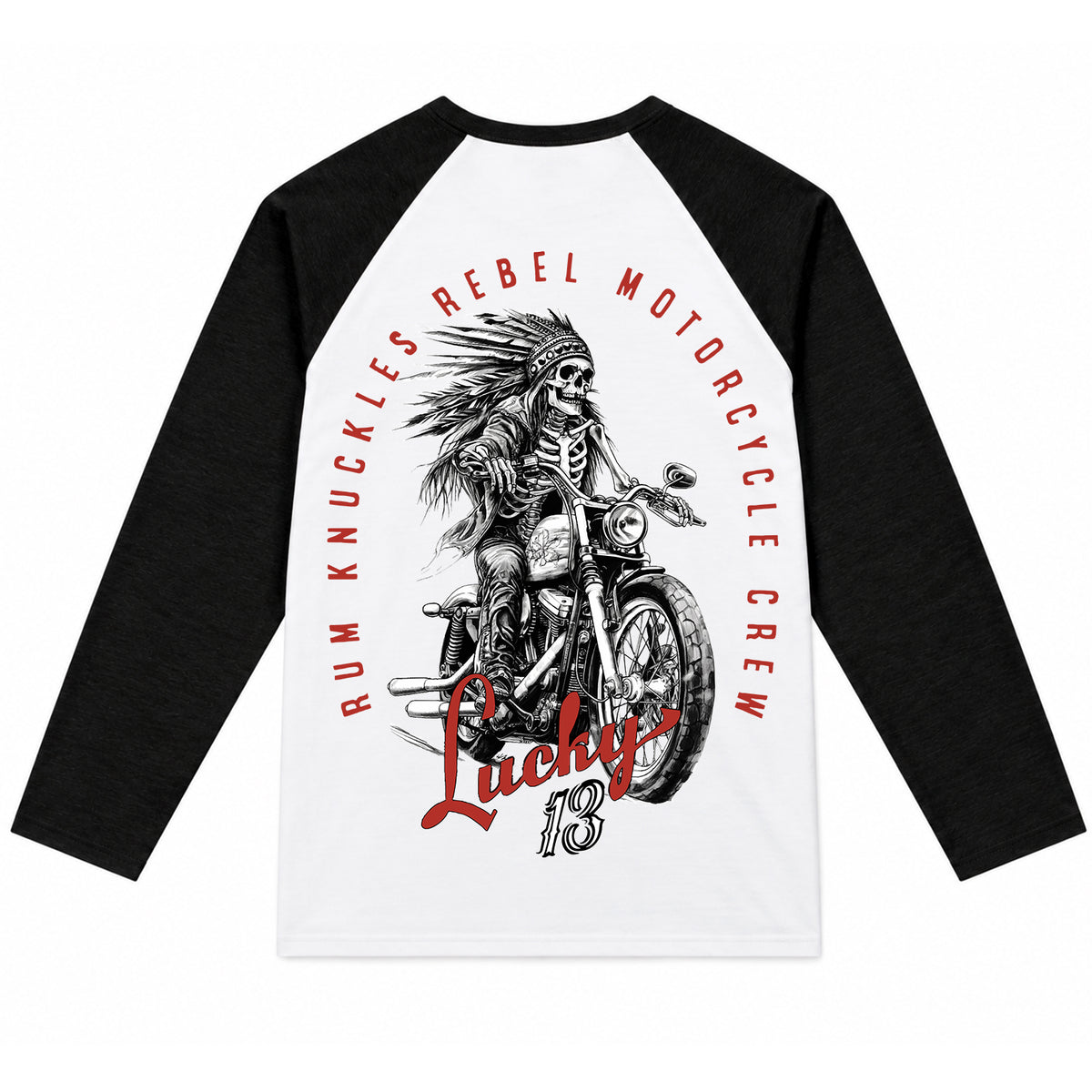 RUM KNUCKLES LUCKY 13 MOTO Baseball Tee - White/Black - back