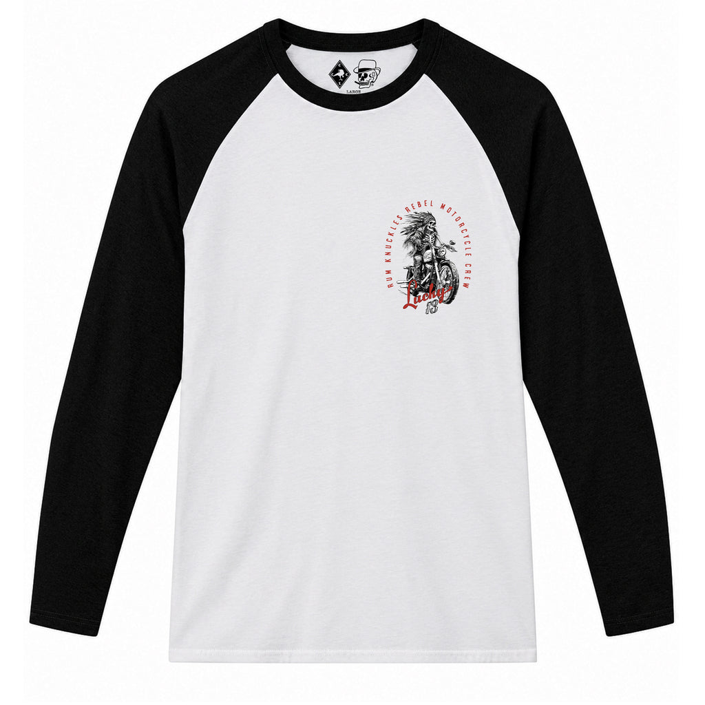 RUM KNUCKLES LUCKY 13 MOTO Baseball Tee - White/Black - front
