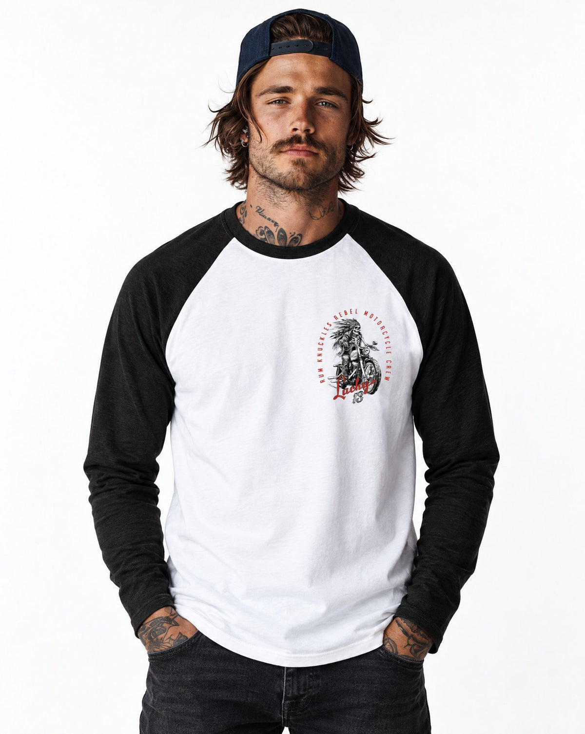 RUM KNUCKLES LUCKY 13 MOTO Baseball Tee - White/Black - model front