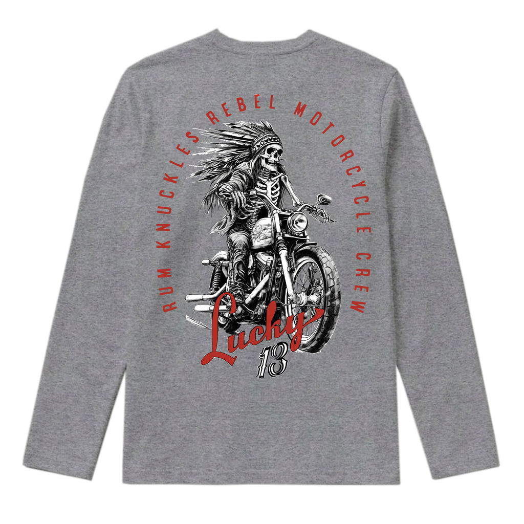 RUM KNUCKLES LUCKY 13 MOTO Long Sleeve Tee - Heather Grey - back
