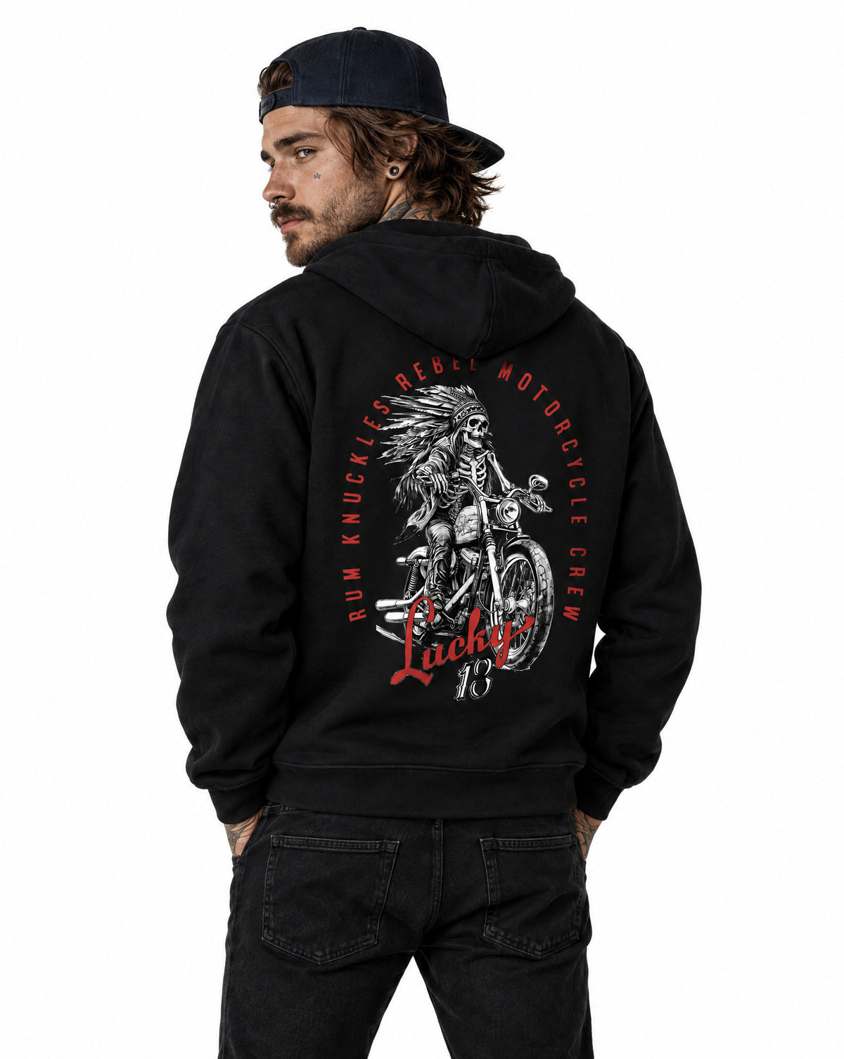 RUM KNUCKLES LUCKY 13 MOTO Zip Hoodie - Black - model back
