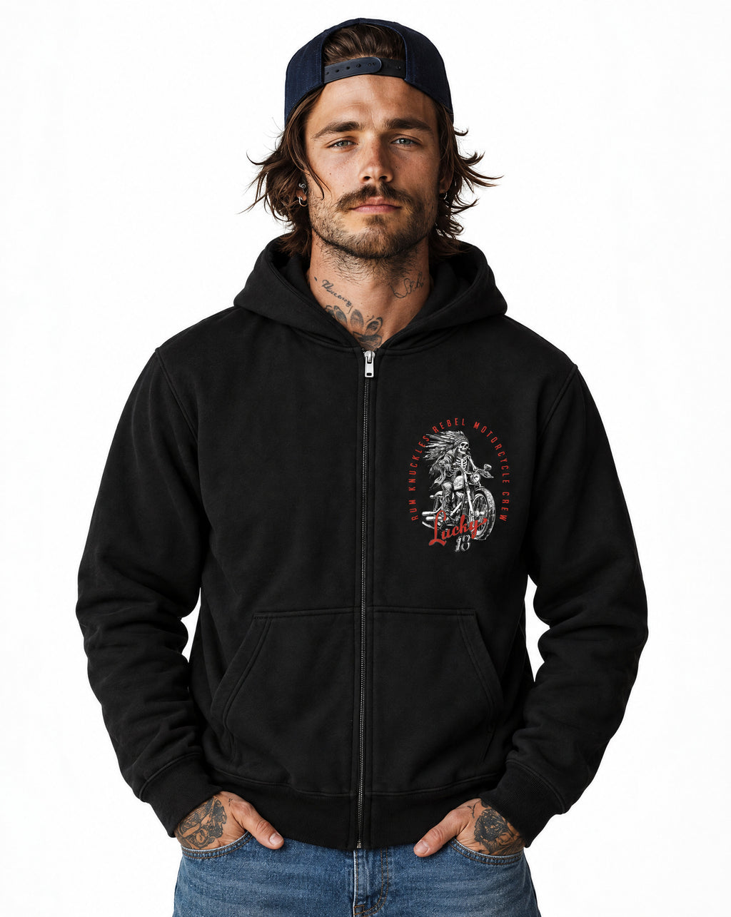 RUM KNUCKLES LUCKY 13 MOTO Zip Hoodie - Black - model front