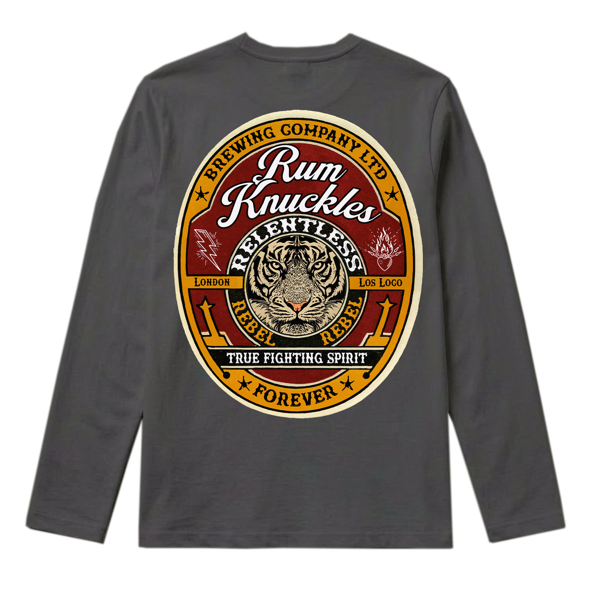 RUM KNUCKLES TRUE FIGHTING SPIRIT Long Sleeve Tee - Charcoal - back