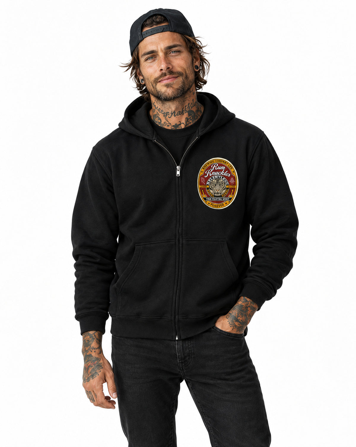 RUM KNUCKLES TRUE FIGHTING SPIRIT Zip Hoodie - Black - model front